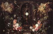Jan Van Kessel Still life of various flowers and grapes encircling a reliqu ary containing the host,set within a stone niche